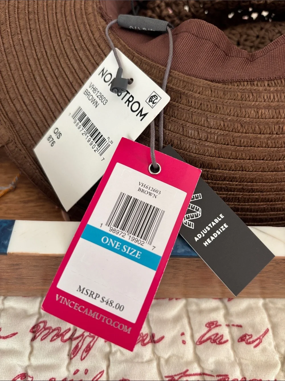 NWT Vince Camuto Brown Braided Straw Bucket Hat with Pink Beaded Accent Band